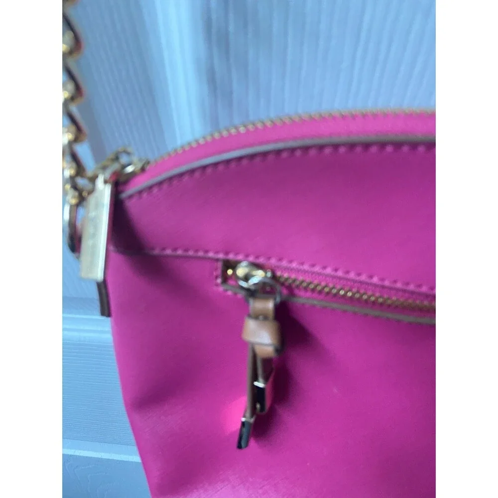 Anne Klein Faux Leather Hot Pink Logo Shoulder Bag Gold Hardware Chain Accent